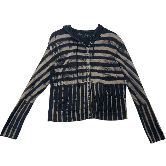 Barbara Lesser Fibers Bleach Dye Striped Snap Front Black Hoodie Bohemian sz M - Picture 1 of 11